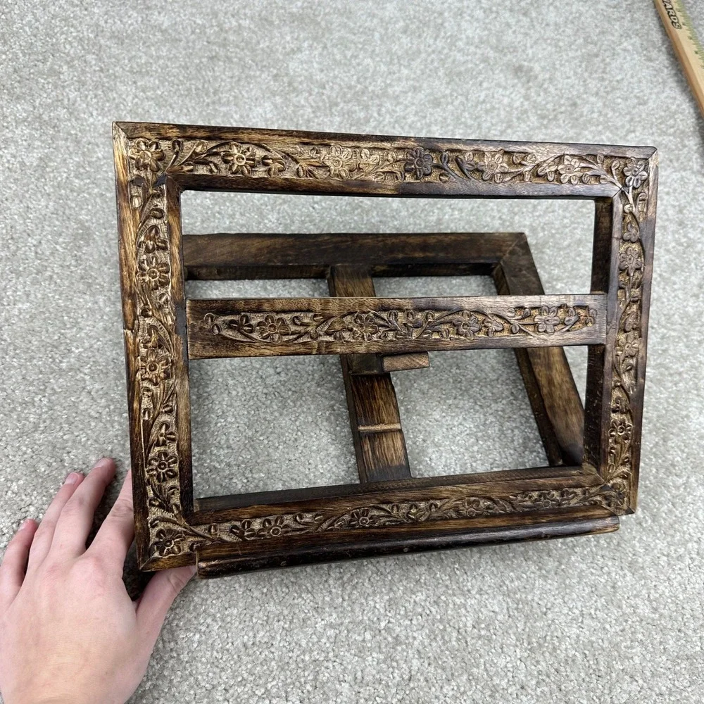 Hand Carved Floral Wood Cookbook Stand Tablet Holder Dark Brown Rustic Boho